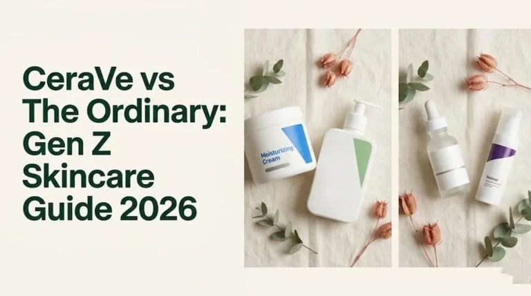 CeraVe vs The Ordinary skincare comparison flat-lay for Gen Z women showing ceramide and niacinamide products, 2026