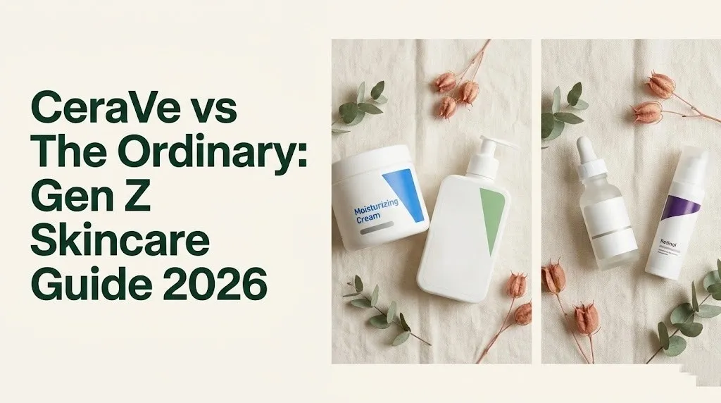 CeraVe vs The Ordinary skincare comparison flat-lay for Gen Z women showing ceramide and niacinamide products, 2026