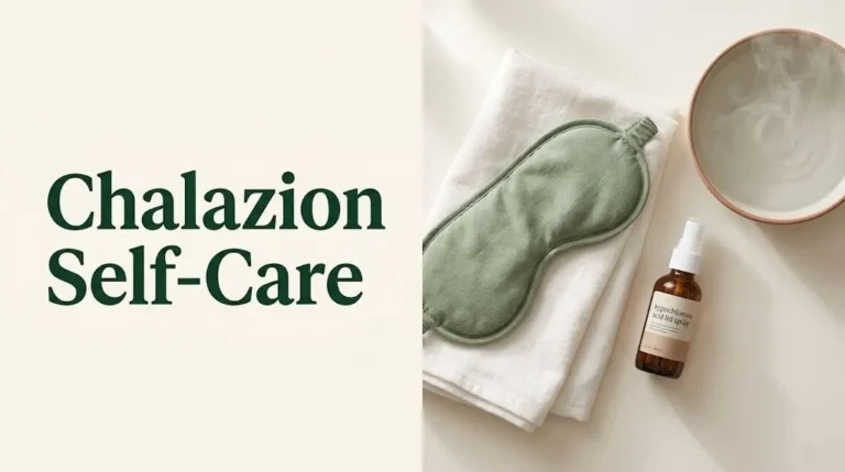 Chalazion self-care flat lay with heated eye mask, lid hygiene spray, and warm compress materials on cream background.