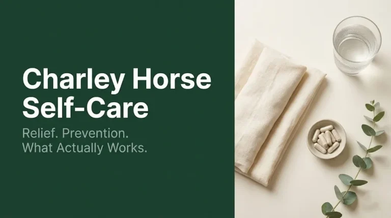Charley horse self-care flat-lay with warm compress, water, and magnesium on cream linen background with bold text overlay