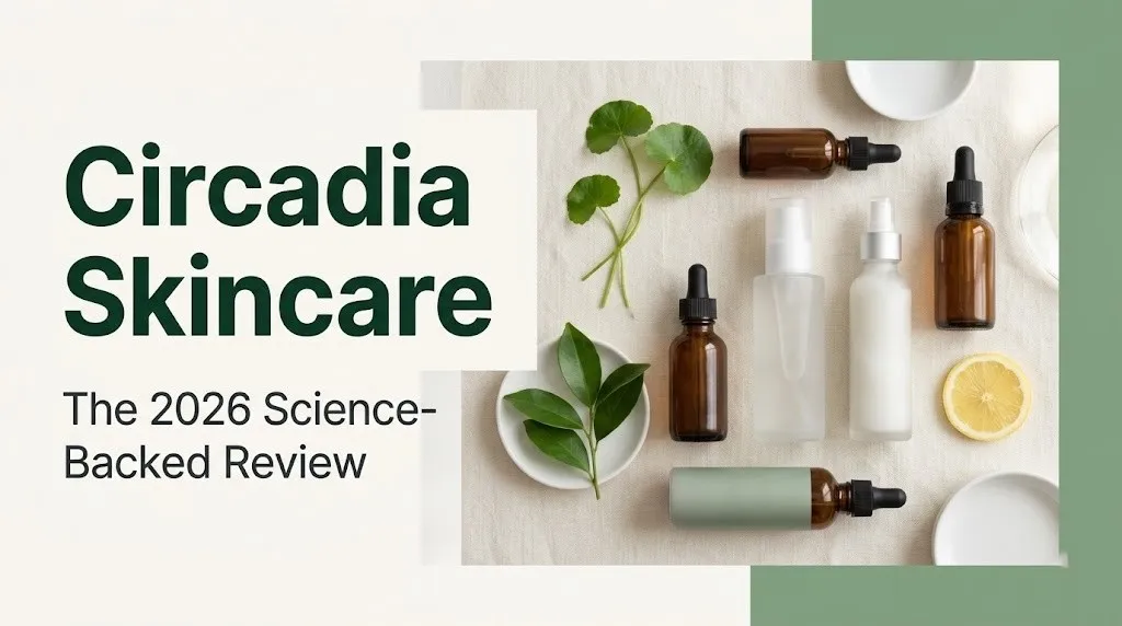 Circadia skincare flat-lay product arrangement with chronobiology-inspired editorial hero banner for 2026 expert review