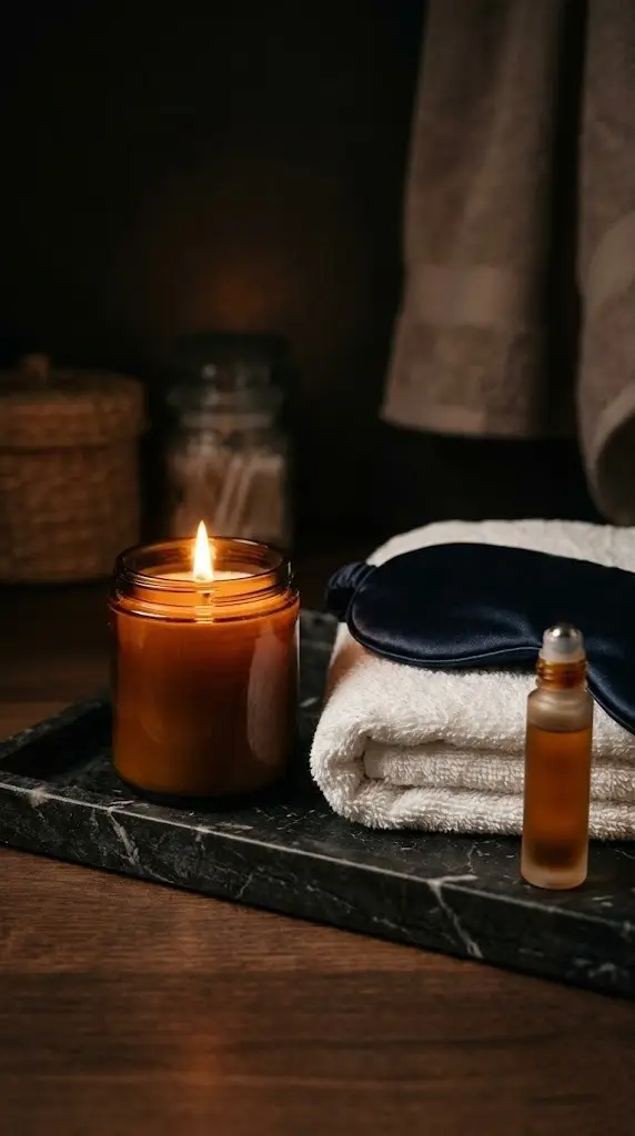 Evening self-care routine with candle, bath towel, and skincare products in dim warm lighting