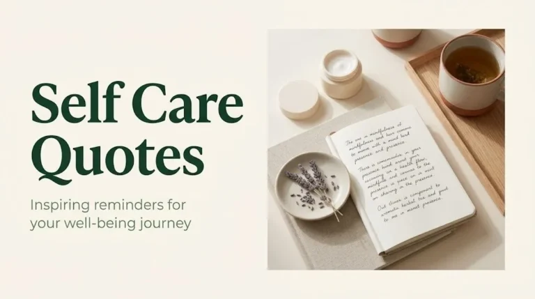 Flat-lay journal, lavender, and skincare products with headline text reading Self Care Quotes on a warm cream background