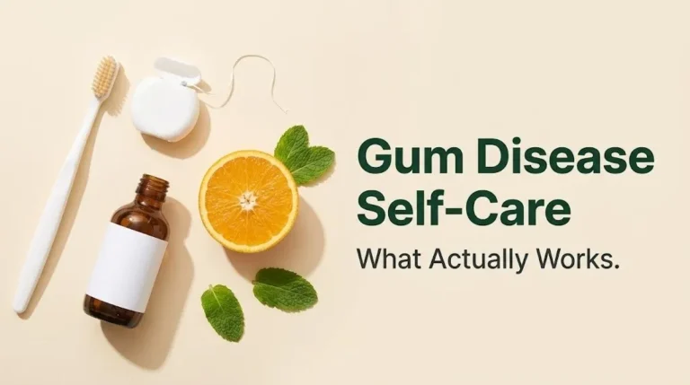 Flat-lay of a toothbrush, floss, mouthwash bottle, and orange with the headline Gum Disease Self-Care on a cream background