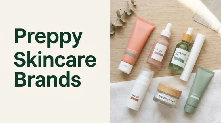 Flat-lay of preppy skincare brands and products including serums and moisturizers on a cream background