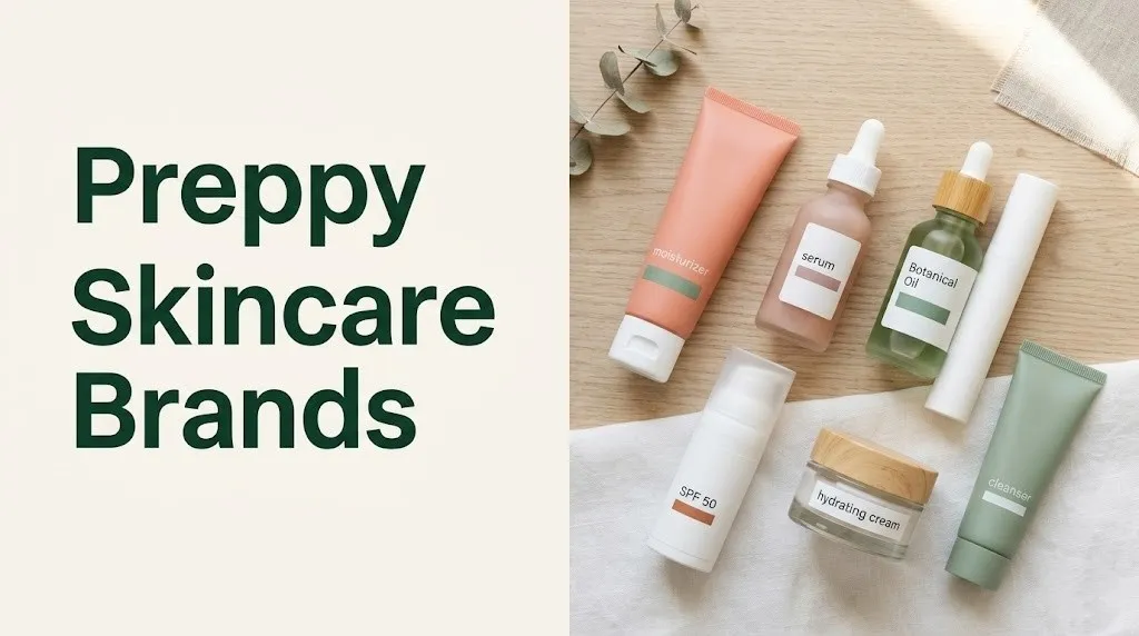 Flat-lay of preppy skincare brands and products including serums and moisturizers on a cream background