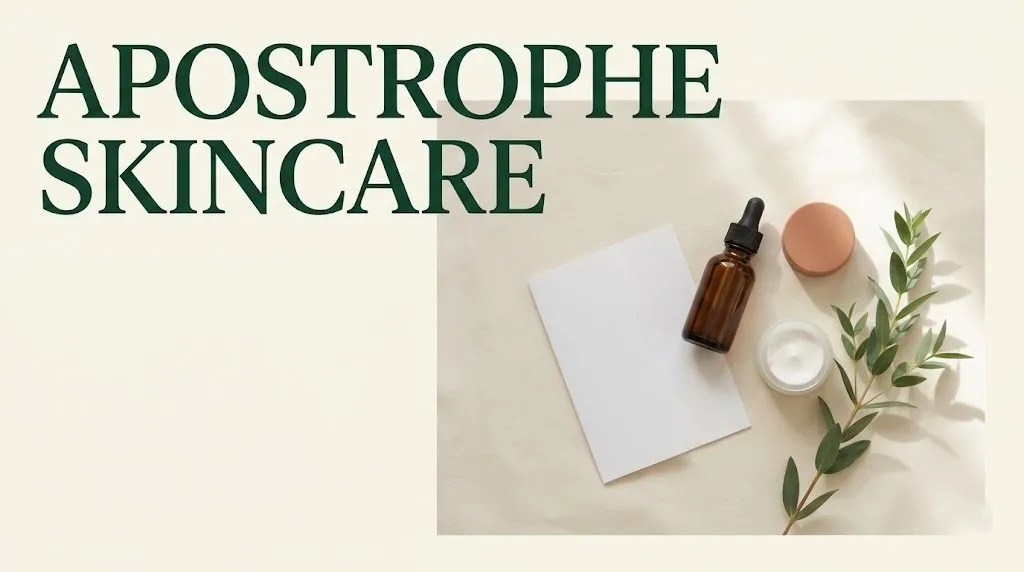 Flat-lay of prescription skincare products on cream linen background with the text Apostrophe Skincare as article headline