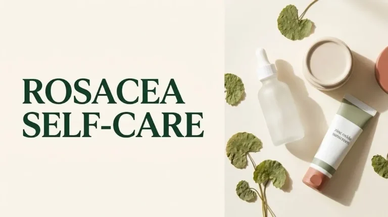 Flat-lay skincare products on cream background with bold Rosacea Self-Care headline text overlay for 2026 guide.