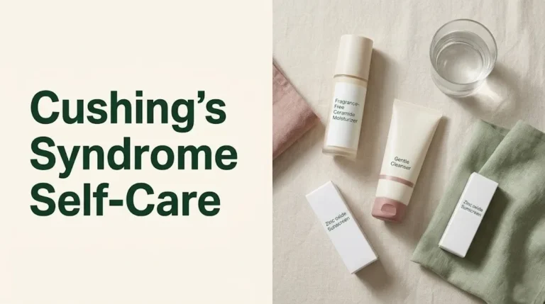 Flat-lay skincare products on cream background with the headline Cushing's Syndrome Self-Care in forest green text overlay.