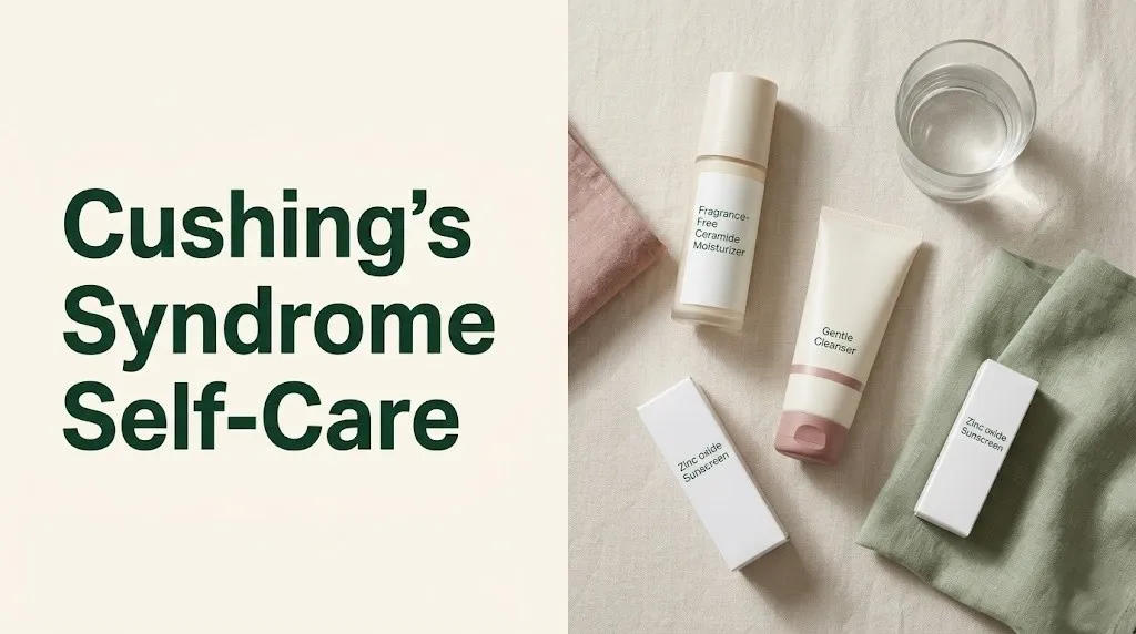 Flat-lay skincare products on cream background with the headline Cushing's Syndrome Self-Care in forest green text overlay.