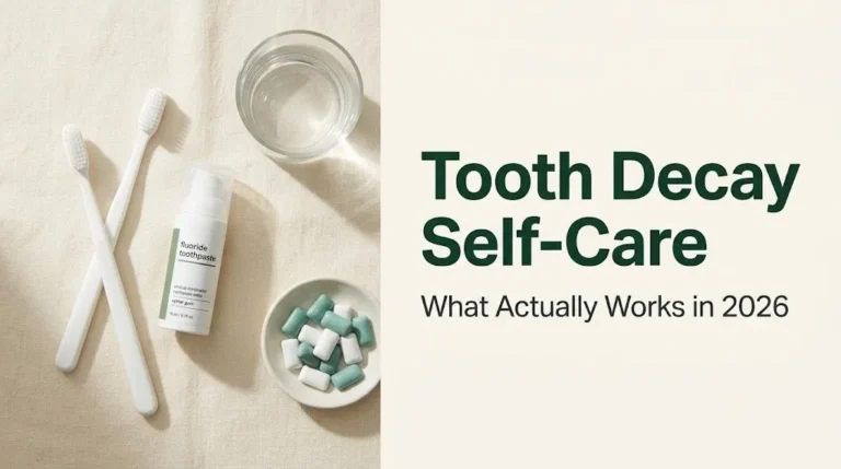 Flat-lay toothbrush, fluoride toothpaste, and water glass with text overlay reading Tooth Decay Self-Care on cream background.