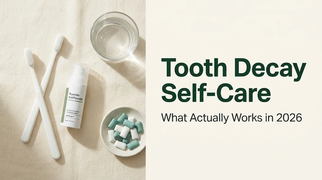 Flat-lay toothbrush, fluoride toothpaste, and water glass with text overlay reading Tooth Decay Self-Care on cream background.
