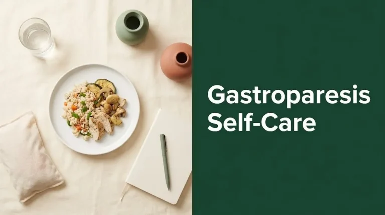 Flat-lay wellness setup for gastroparesis self-care with small meal plate, water, and journal on cream background