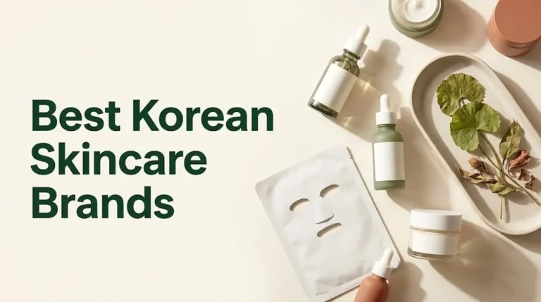 Korean skincare brands flat-lay featuring serums and botanicals with text reading Best Korean Skincare Brands