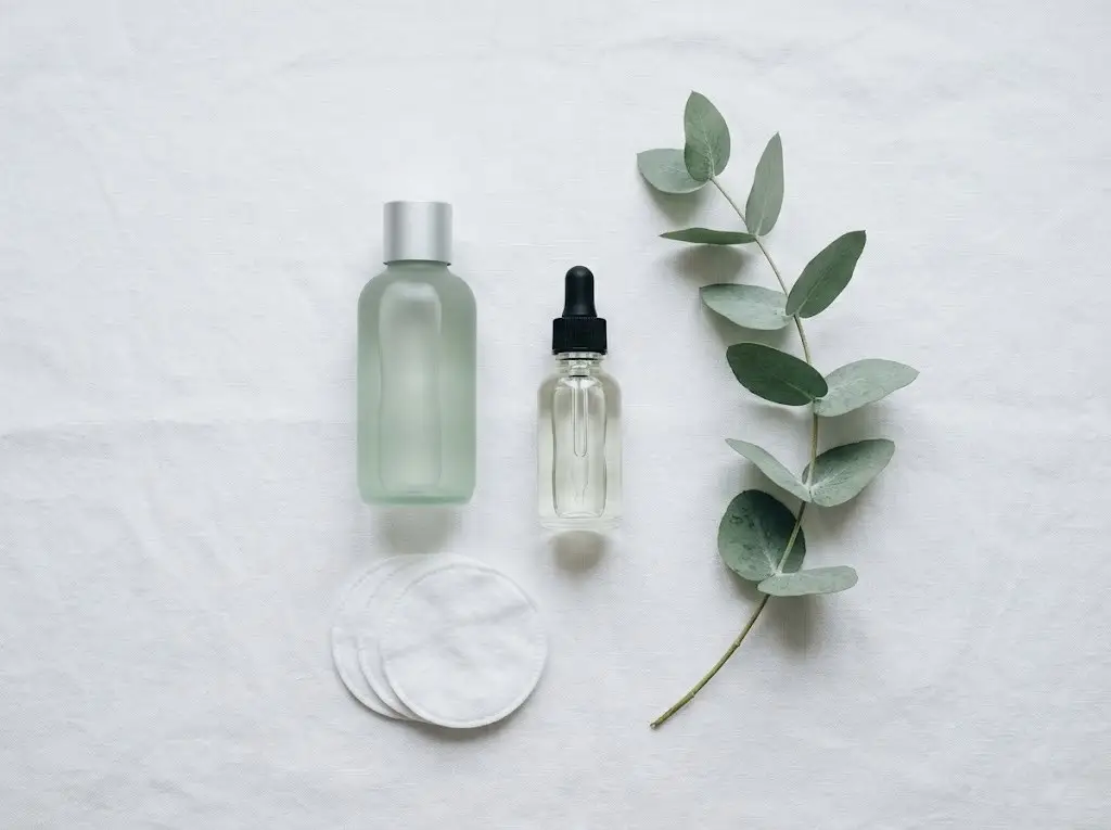 Minimalist skincare product arrangement with toner, dropper serum, and cotton pads