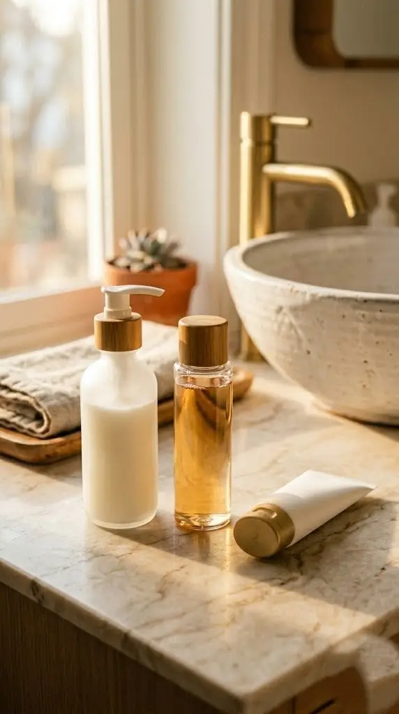 Morning skincare routine products in golden lighting on bathroom counter