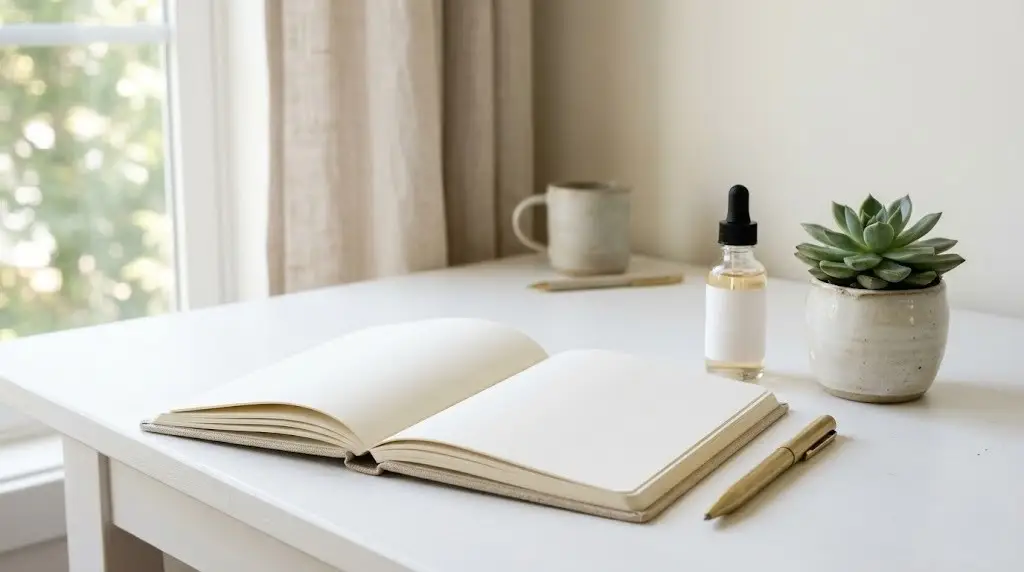 Open skincare journal, dropper serum, and plant on a clean white desk for editorial skincare content