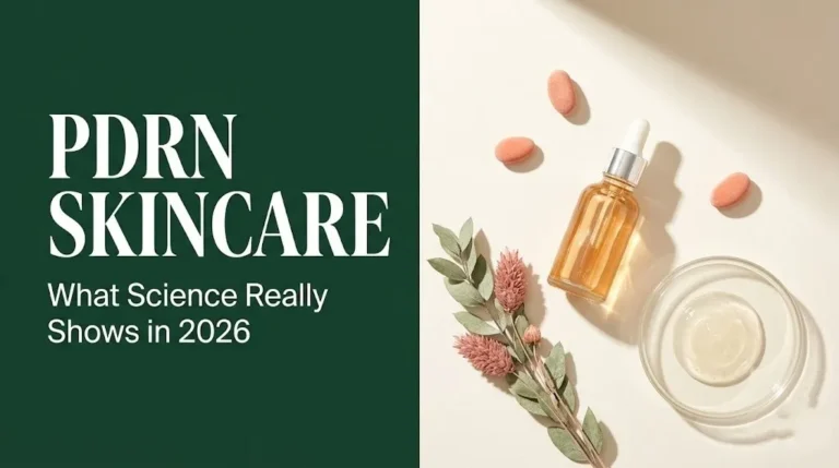 PDRN skincare flat-lay hero banner showing a serum dropper bottle and botanicals with headline text overlay
