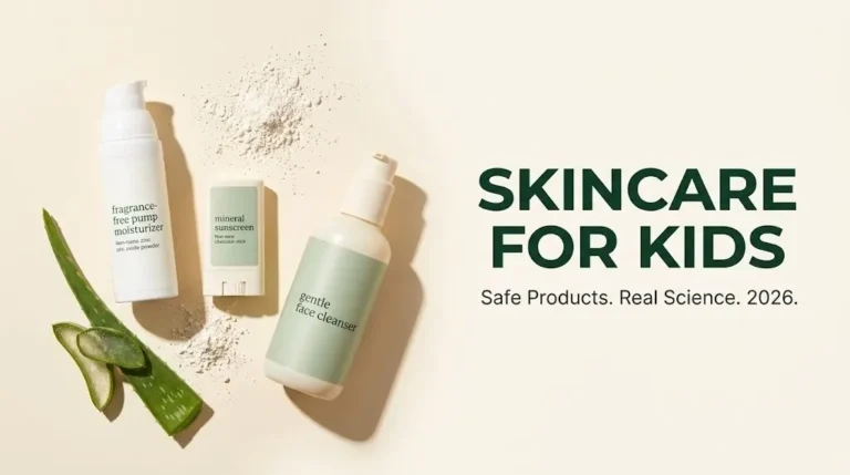 Skincare for kids flat-lay with fragrance-free moisturizer, mineral sunscreen, and gentle cleanser on cream background.