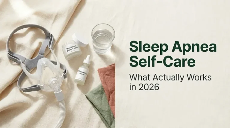 Sleep apnea self-care guide hero image showing CPAP mask, skincare products, and bold headline text on a cream background.