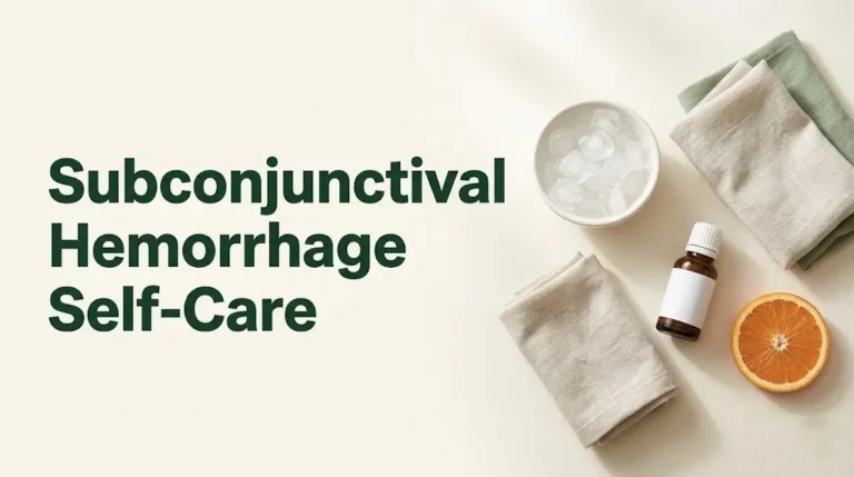 Subconjunctival hemorrhage self-care items including cold compress, eye drops, and orange on cream surface