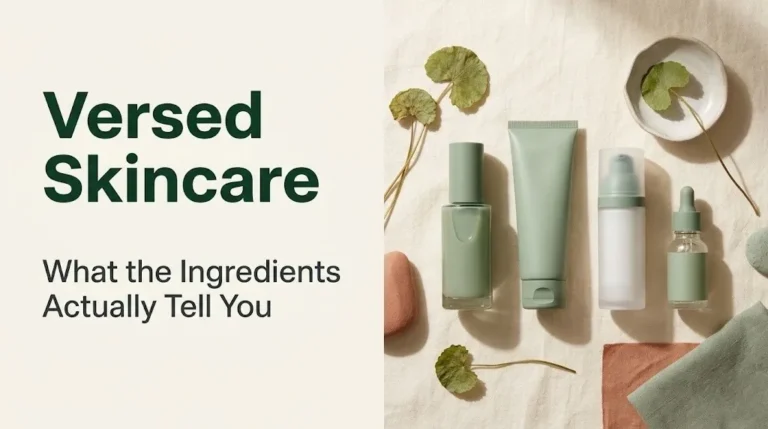 Versed skincare product flat-lay with serums, moisturizer, and SPF arranged on cream linen background with editorial text overlay.